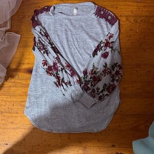 Emerald Gray and Burgundy Floral Sweater